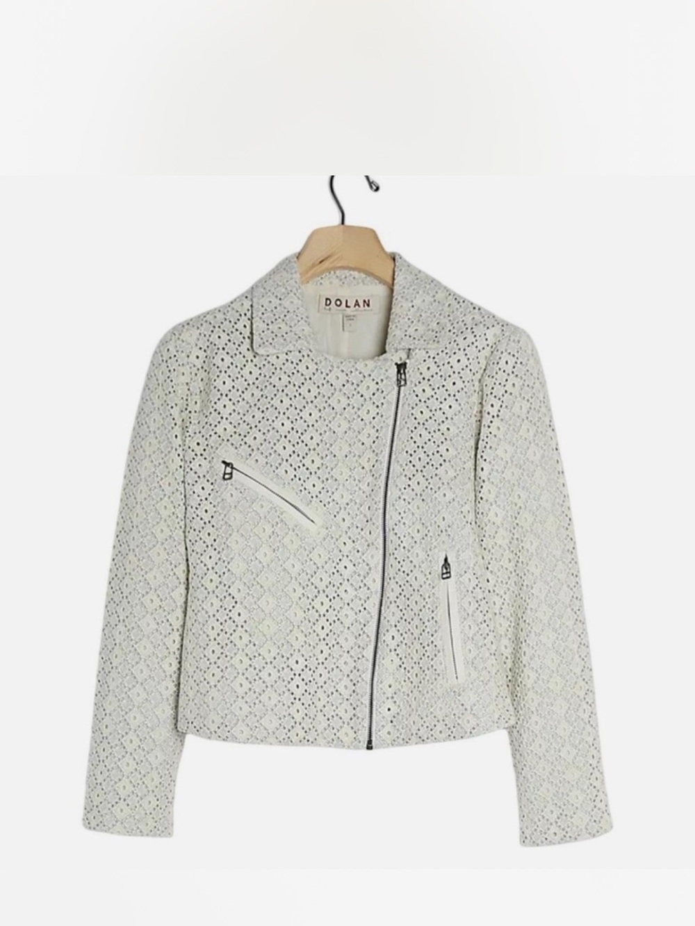 Anthropologie Cream and Blue Eyelet Moto Jacket